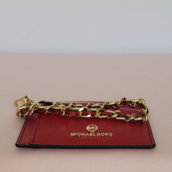 MICHAEL KORS Jet Set Small ID Pebbled Leather Chain Card Holder Case-Crimson⭐ - Picture 13 of 16